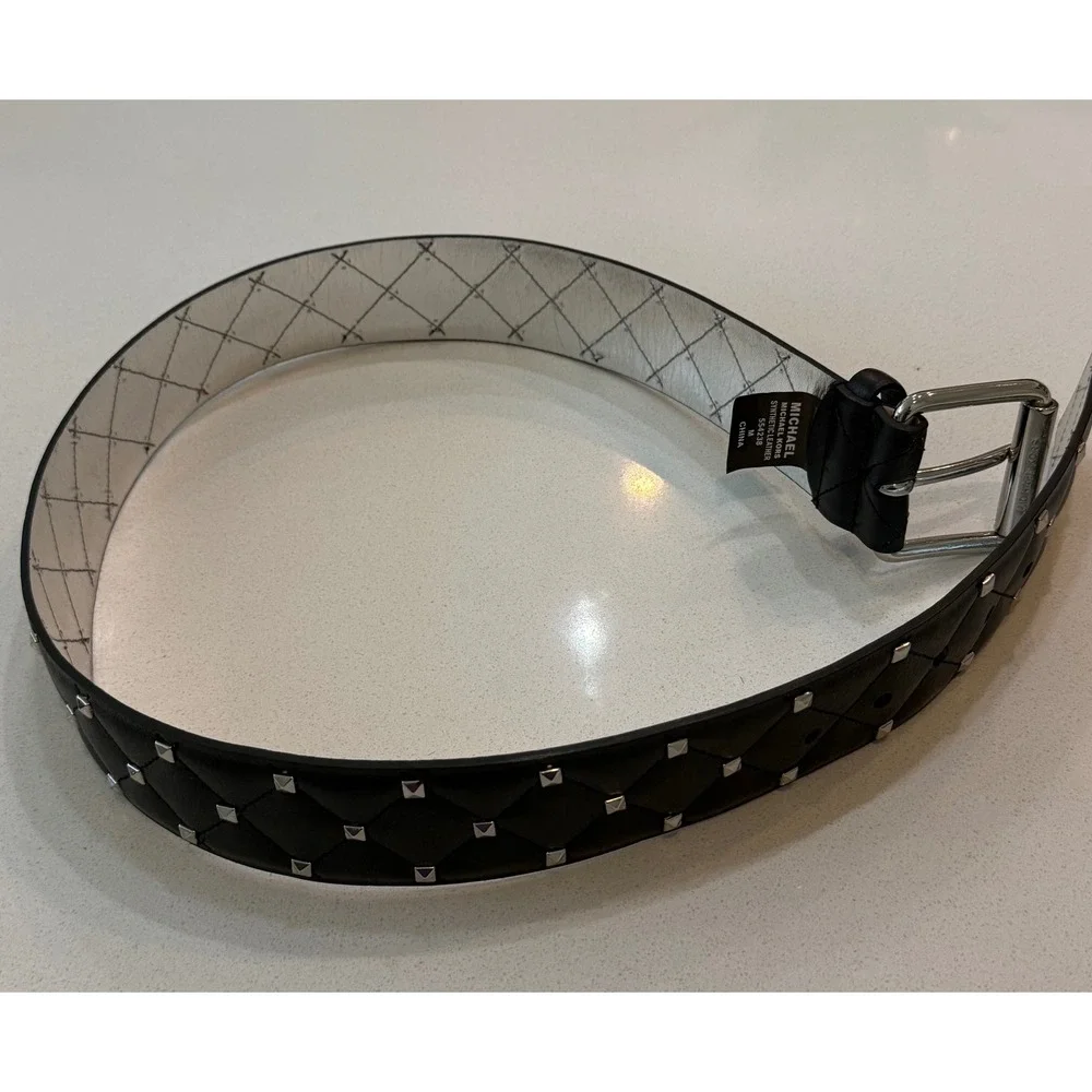 Michael Kors Black Quilted Studded Belt Silver Buckle Punk Medium Mens Womens